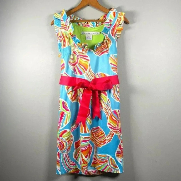 Gretchen Scott Shell Shock Ruffle Neck Dress Preppy Resortwear Tropical Size S - Picture 1 of 15
